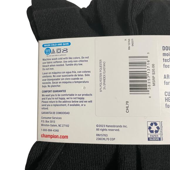 Champion Mens Black Crew Socks Double Dry Arch Support Cushioned Heel and Toe - Picture 7 of 8